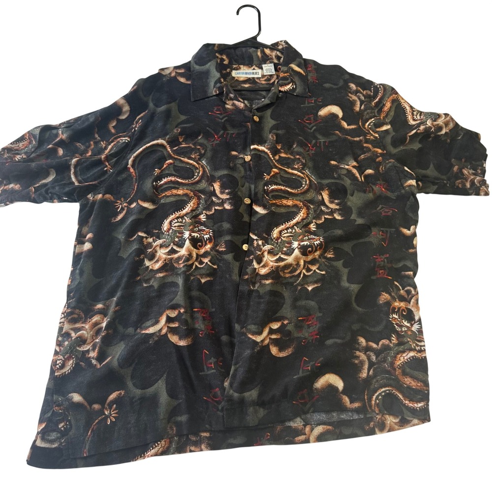 Canyon River Blues Mens Dragon Print Rayon Shirt Short Sleeve Black Large